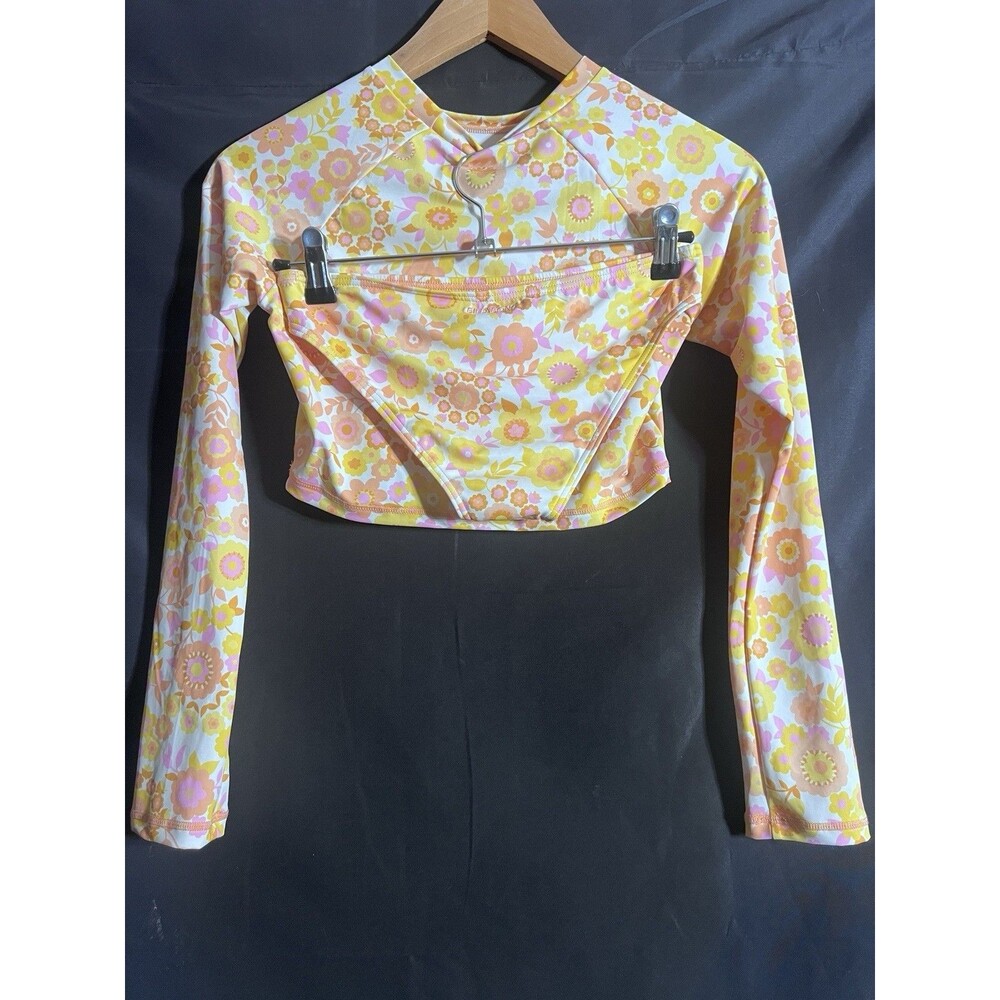 Billabong Girls Yellow Pink Orange Floral Rashguard Bikini Swimsuit NWT Sz 14